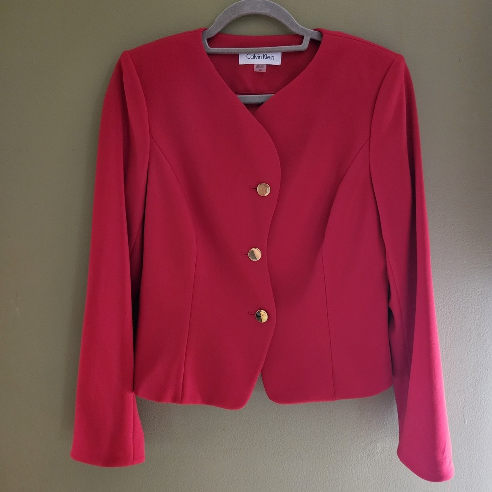 Calvin Klein Women Red Blazer Jacket With Shoulder‎ Pads Gold Button Up Size 10